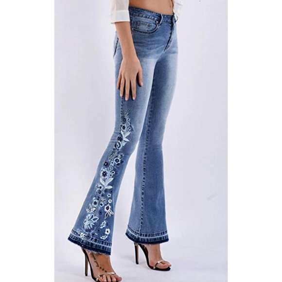 Blue Floral Embroidered Patch High Waisted Flare Bell Bottom Denim Jeans Y2K - Picture 3 of 9